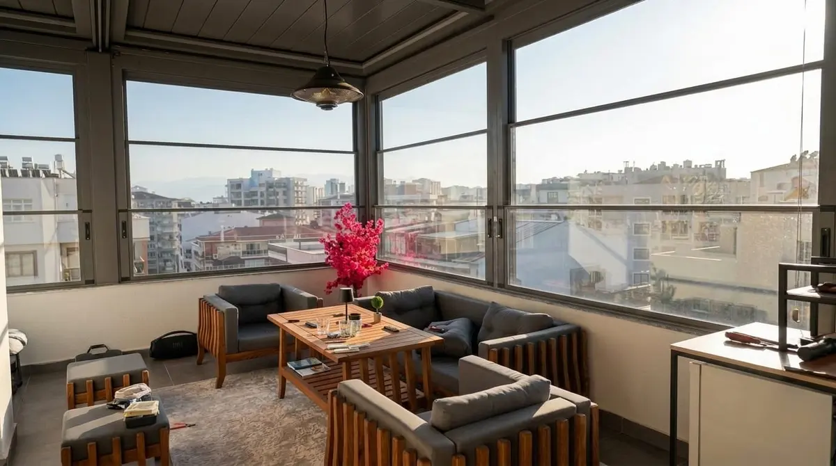 Giyotin Cam Sistemleri · Giyotin cam balkon şehir manzara