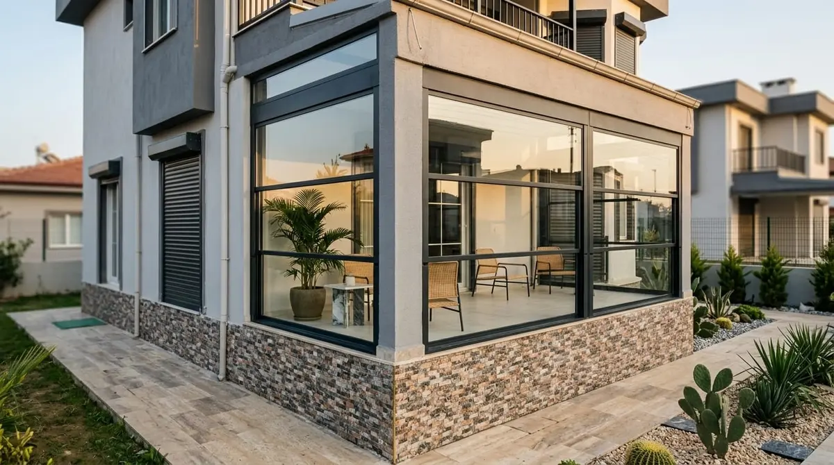 Villa köşe taş zemin cam oda