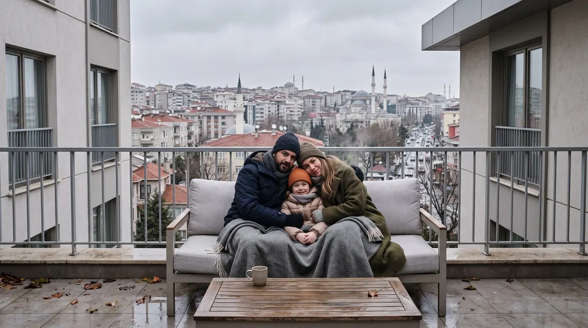 Camsız · kışın oturulmuyor: Öncesi camsız balkonda üşüyen aile